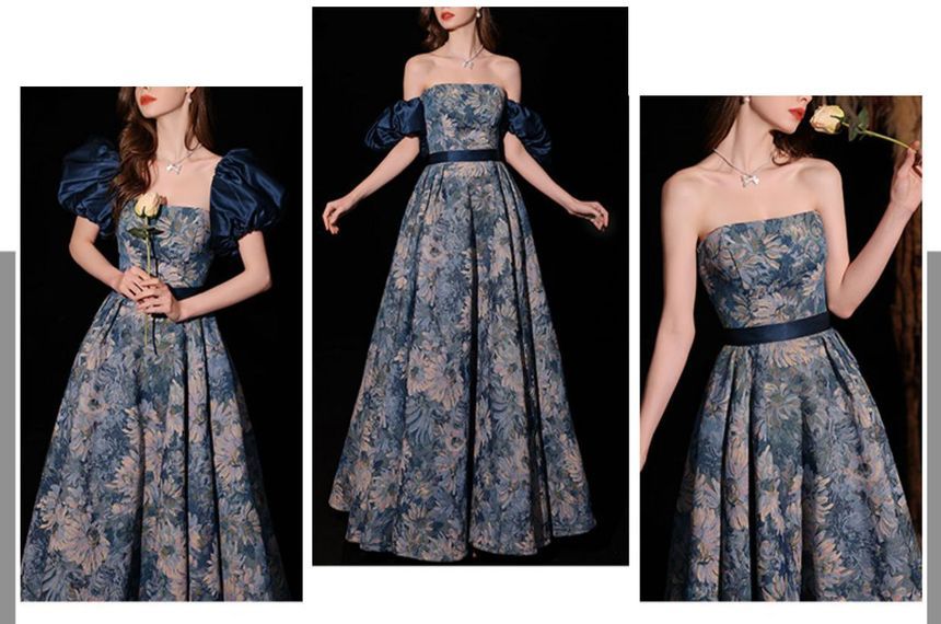 Short-Sleeve Floral A-Line Evening Gown