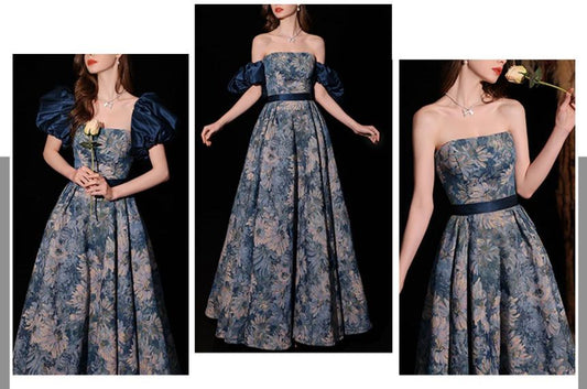 Short-Sleeve Floral A-Line Evening Gown