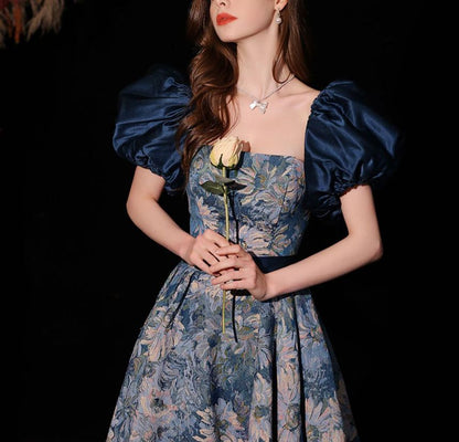 Short-Sleeve Floral A-Line Evening Gown