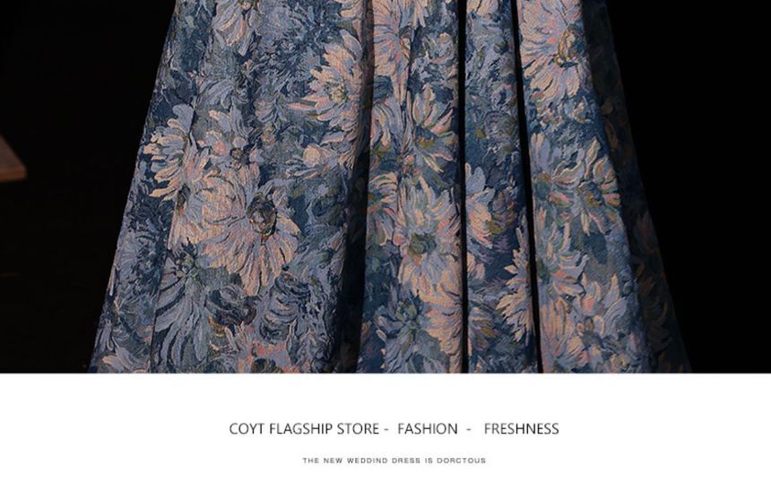 Short-Sleeve Floral A-Line Evening Gown