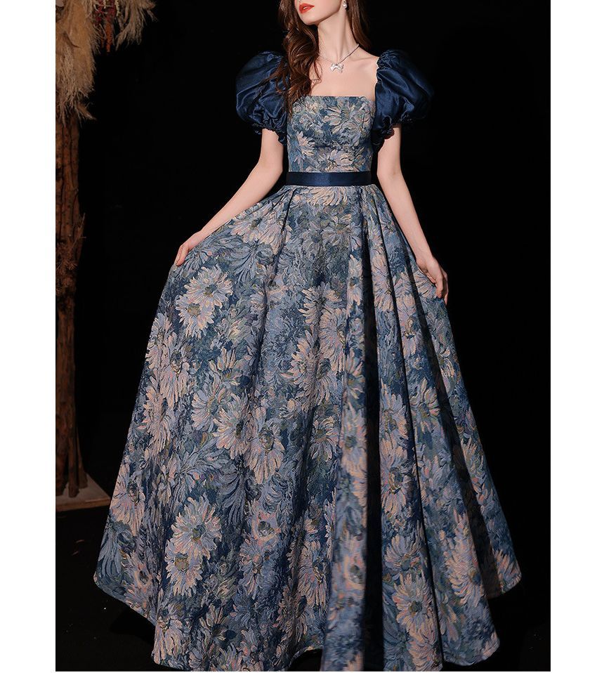 Short-Sleeve Floral A-Line Evening Gown