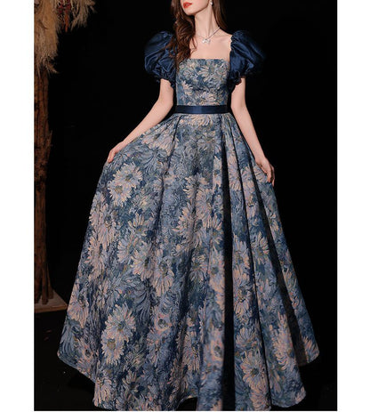 Short-Sleeve Floral A-Line Evening Gown