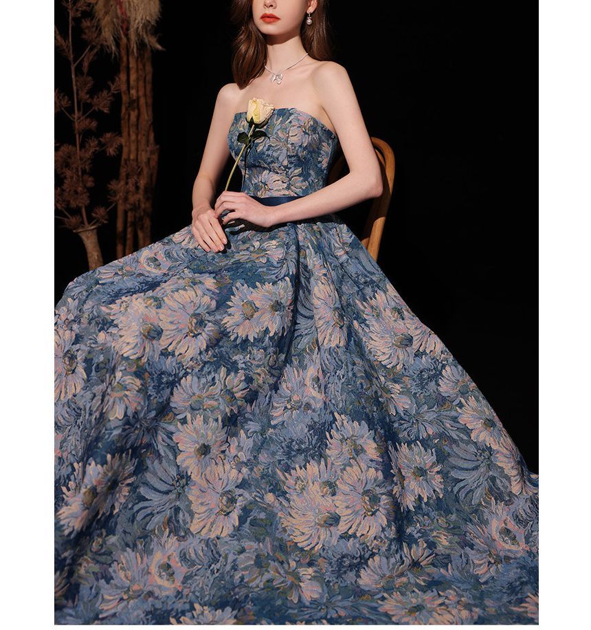 Short-Sleeve Floral A-Line Evening Gown