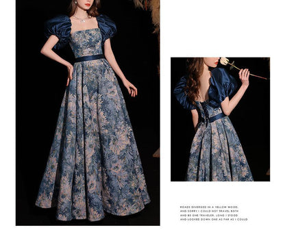 Short-Sleeve Floral A-Line Evening Gown