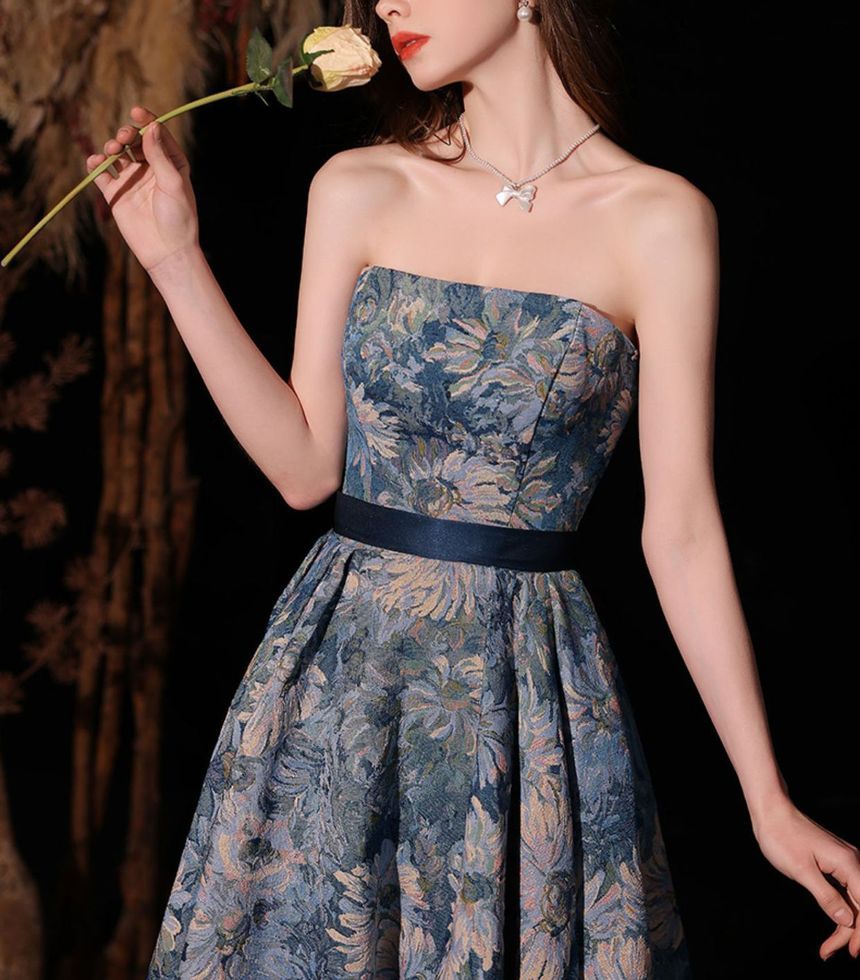 Short-Sleeve Floral A-Line Evening Gown