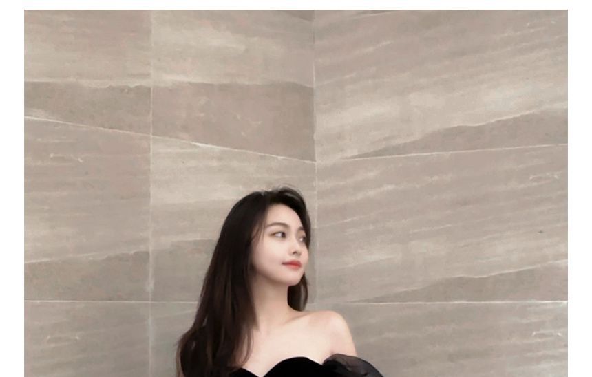 Short-Sleeve Glitter Sheer A-Line Evening Gown