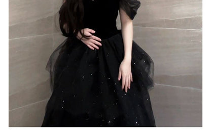 Short-Sleeve Glitter Sheer A-Line Evening Gown