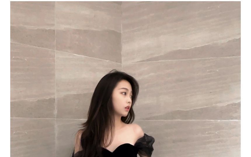 Short-Sleeve Glitter Sheer A-Line Evening Gown