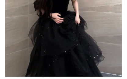 Short-Sleeve Glitter Sheer A-Line Evening Gown