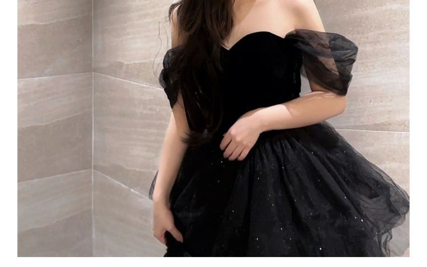 Short-Sleeve Glitter Sheer A-Line Evening Gown