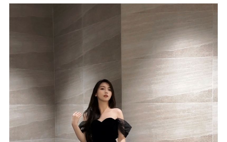 Short-Sleeve Glitter Sheer A-Line Evening Gown