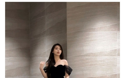 Short-Sleeve Glitter Sheer A-Line Evening Gown