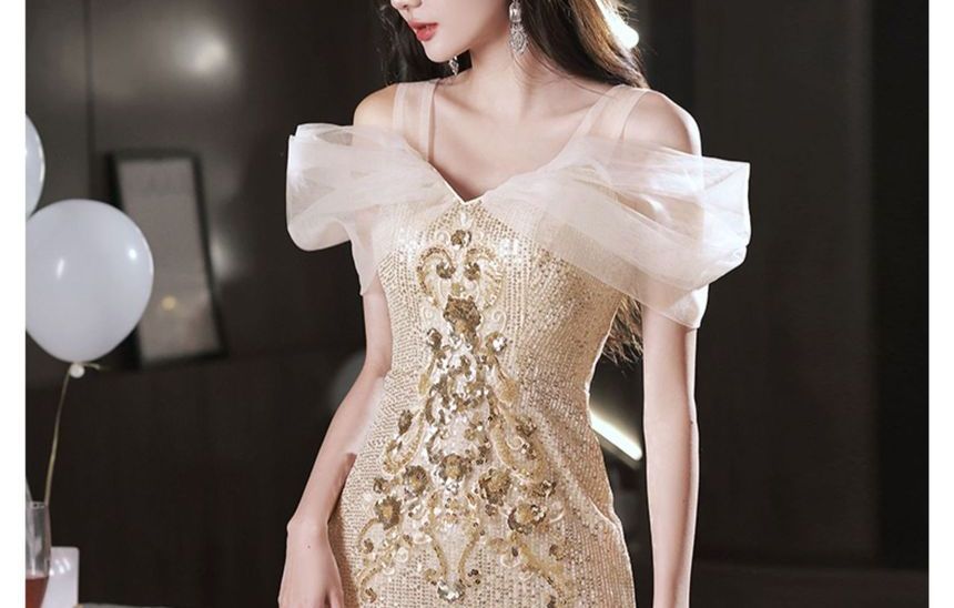 Cold Shoulder Glitter Sheath Evening Dress