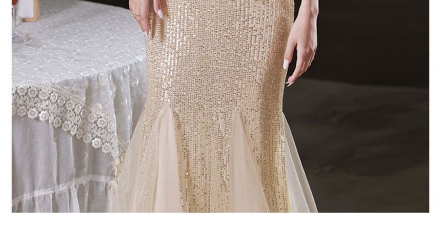 Cold Shoulder Glitter Sheath Evening Dress