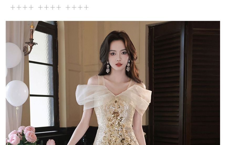 Cold Shoulder Glitter Sheath Evening Dress