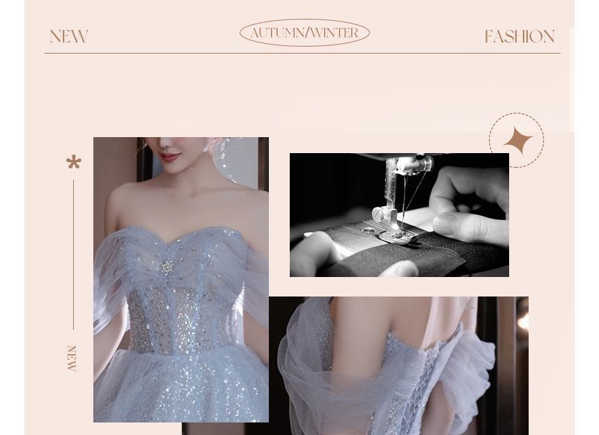 Evening Shoulder A-Line Cold Midi Gown Glitter