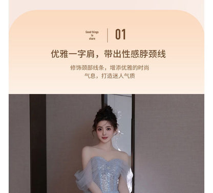 Evening Shoulder A-Line Cold Midi Gown Glitter