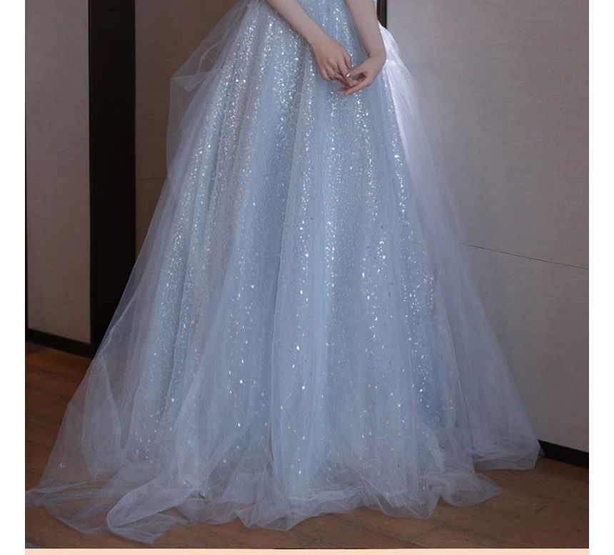 Evening Shoulder A-Line Cold Midi Gown Glitter