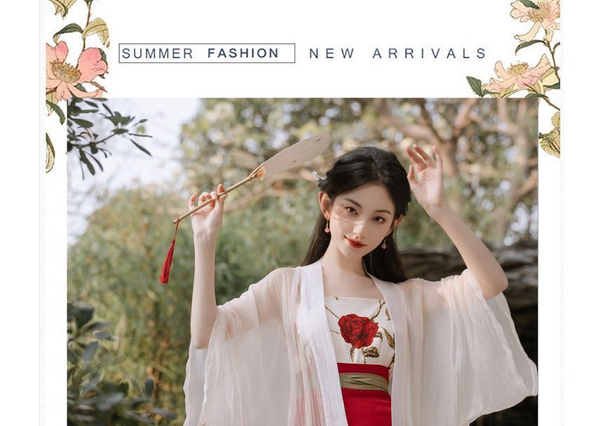 Set: Floral Print Camisole Top + Plain Midi Hanfu Jacket + High Waist Tie