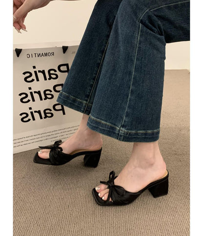 Bow Chunky Heel Slide Sandals
