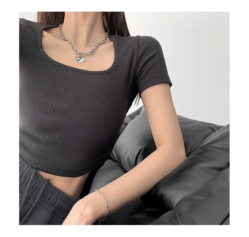 Short-Sleeve Square Neck Plain Asymmetrical Cropped T-Shirt