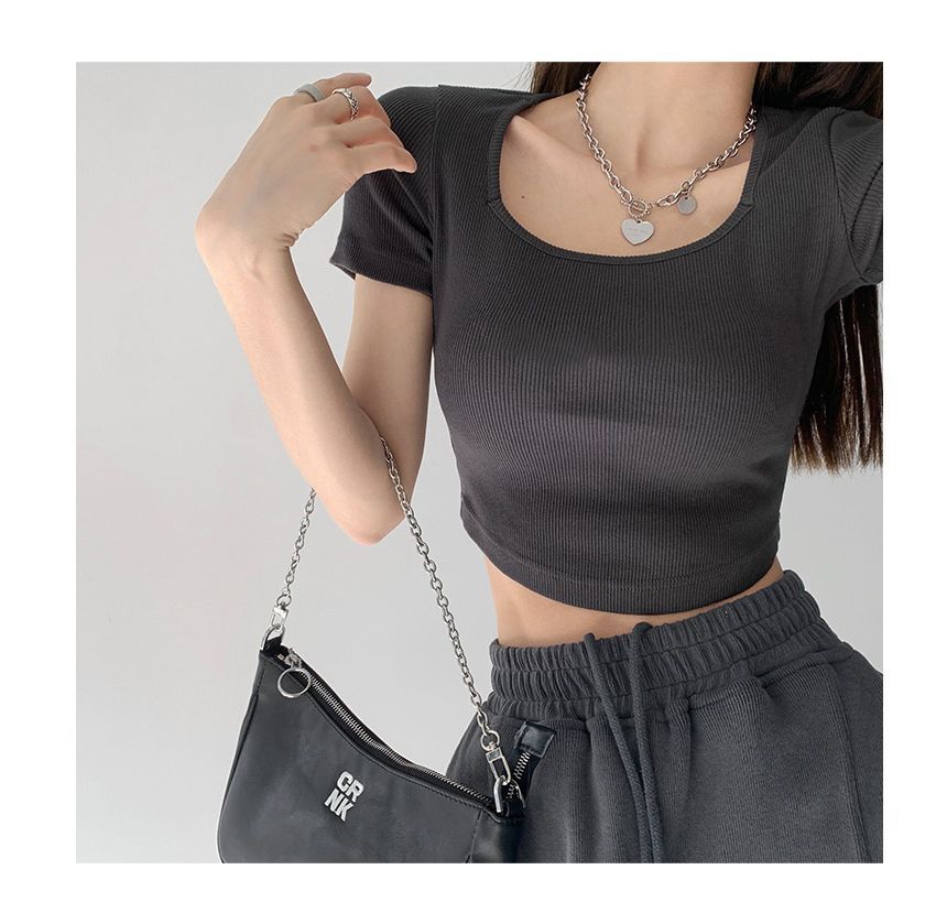 Short-Sleeve Square Neck Plain Asymmetrical Cropped T-Shirt