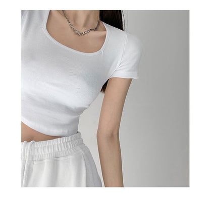 Short-Sleeve Square Neck Plain Asymmetrical Cropped T-Shirt