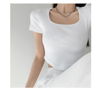 Short-Sleeve Square Neck Plain Asymmetrical Cropped T-Shirt