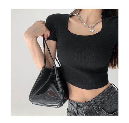 Short-Sleeve Square Neck Plain Asymmetrical Cropped T-Shirt