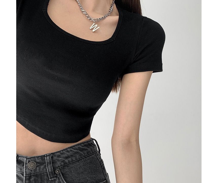 Short-Sleeve Square Neck Plain Asymmetrical Cropped T-Shirt