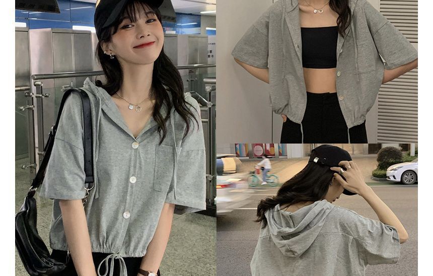 Short-Sleeve Plain Hooded Button-Up Cropped Tee