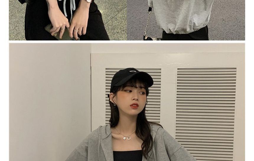 Short-Sleeve Plain Hooded Button-Up Cropped Tee