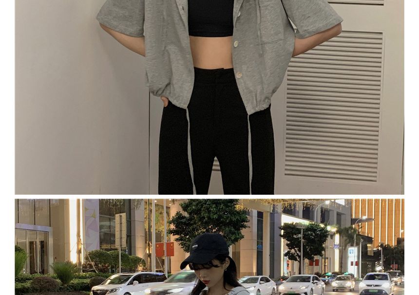 Short-Sleeve Plain Hooded Button-Up Cropped Tee