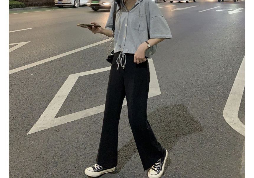 Short-Sleeve Plain Hooded Button-Up Cropped Tee