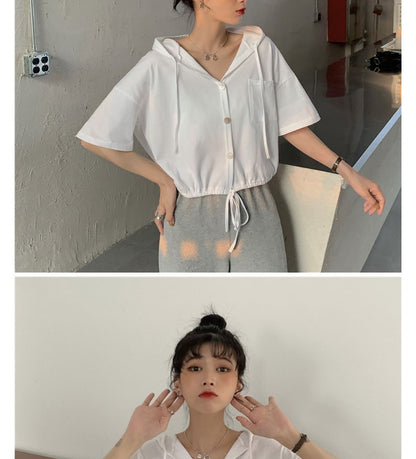 Short-Sleeve Plain Hooded Button-Up Cropped Tee