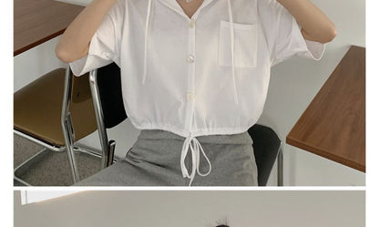 Short-Sleeve Plain Hooded Button-Up Cropped Tee