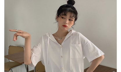Short-Sleeve Plain Hooded Button-Up Cropped Tee