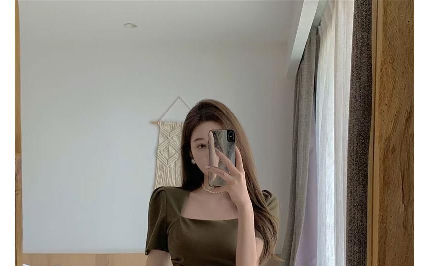 Short-Sleeve Square Neck Plain Mini A-Line Dress