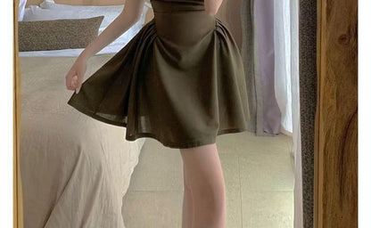 Short-Sleeve Square Neck Plain Mini A-Line Dress