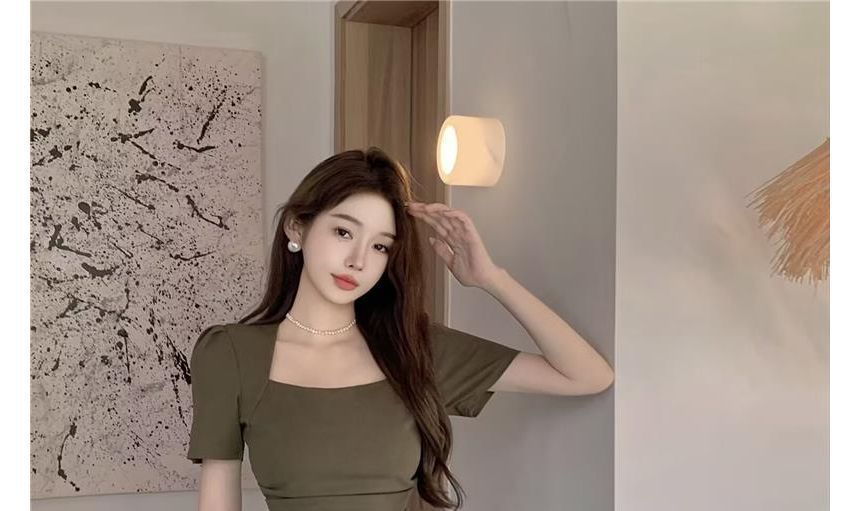 Short-Sleeve Square Neck Plain Mini A-Line Dress