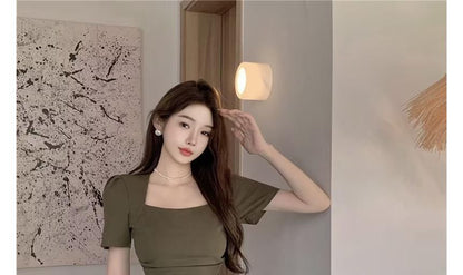 Short-Sleeve Square Neck Plain Mini A-Line Dress
