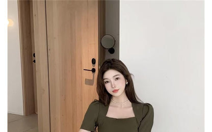 Short-Sleeve Square Neck Plain Mini A-Line Dress