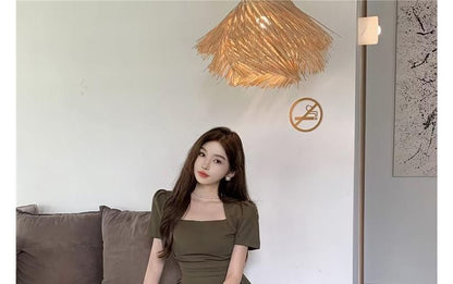 Short-Sleeve Square Neck Plain Mini A-Line Dress