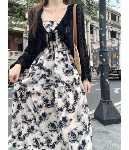 Floral Ruched A-Line Maxi Dress with Thin Straps