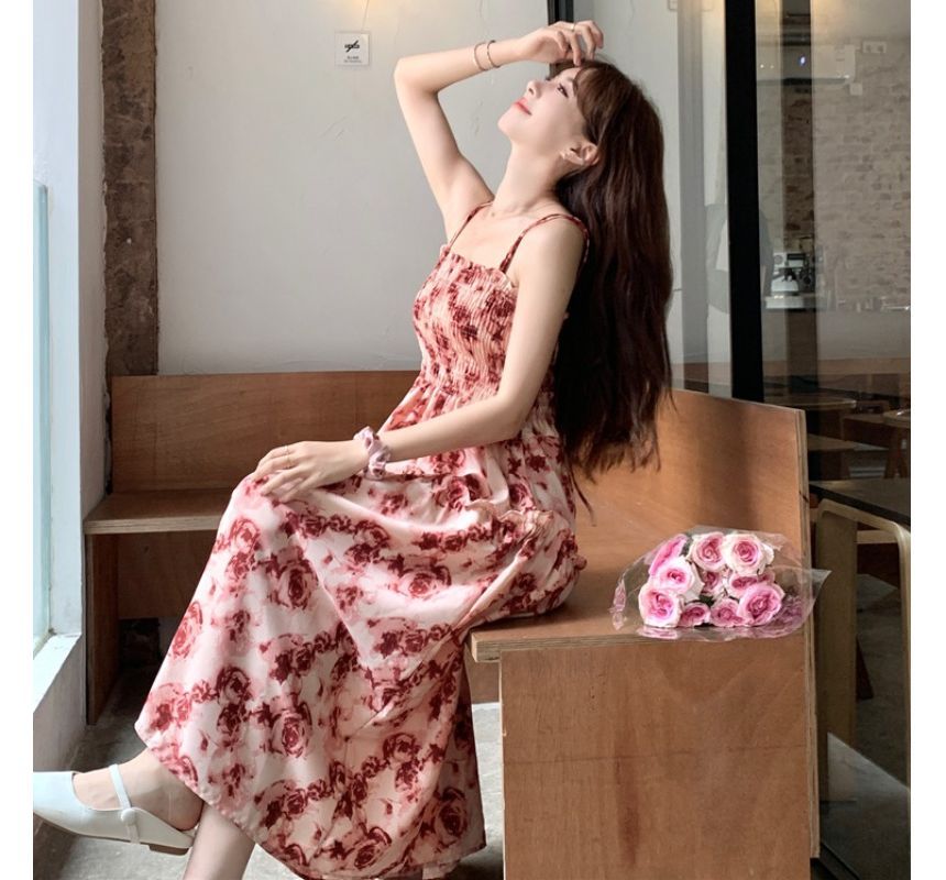 Floral Ruched A-Line Maxi Dress with Thin Straps