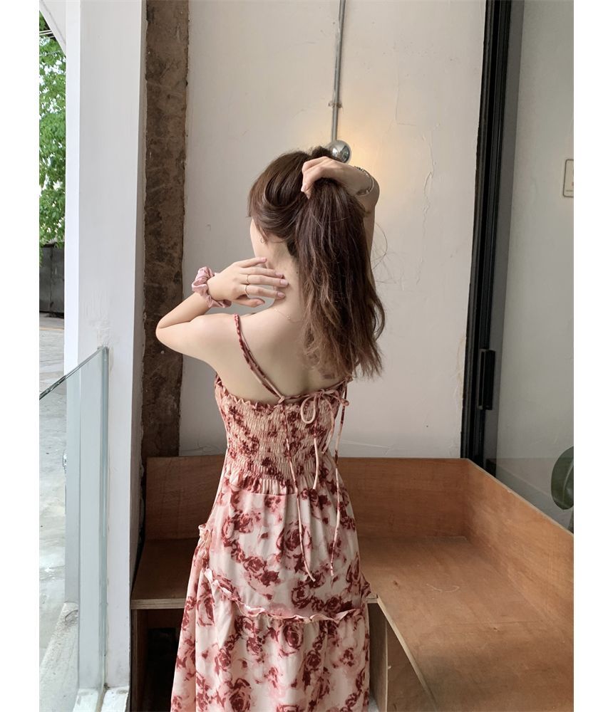 Floral Ruched A-Line Maxi Dress with Thin Straps