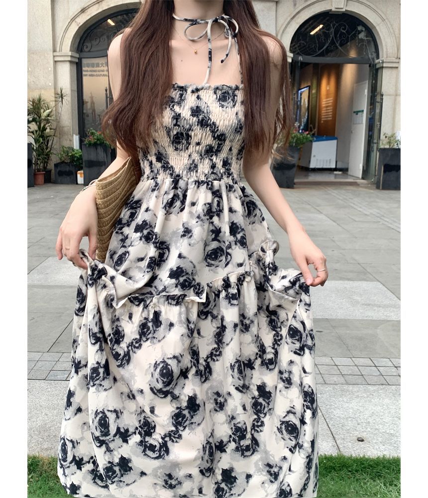 Floral Ruched A-Line Maxi Dress with Thin Straps