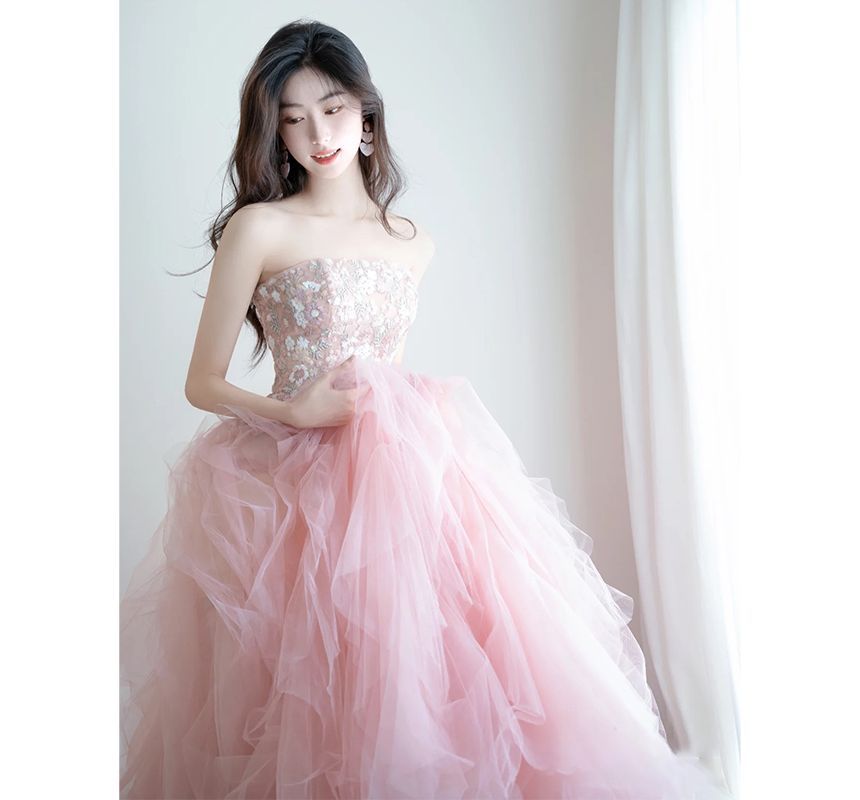 Flower Embroidered Gown Panel Mesh A-Line Strapless Evening