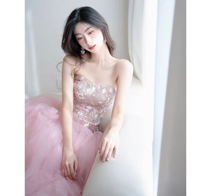 Flower Embroidered Gown Panel Mesh A-Line Strapless Evening