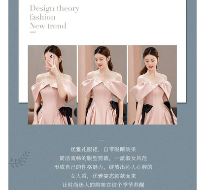 Cold-Shoulder Plain Bow A-Line Evening Gown